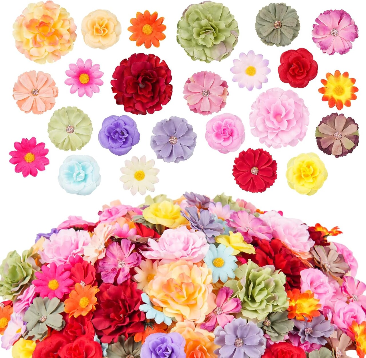 210 Pcs Mini Silk Flower Heads Small Fake Rose Daisy Faux Flowers (Bright Colors Mixed) 8"D x 4"W x 5"H